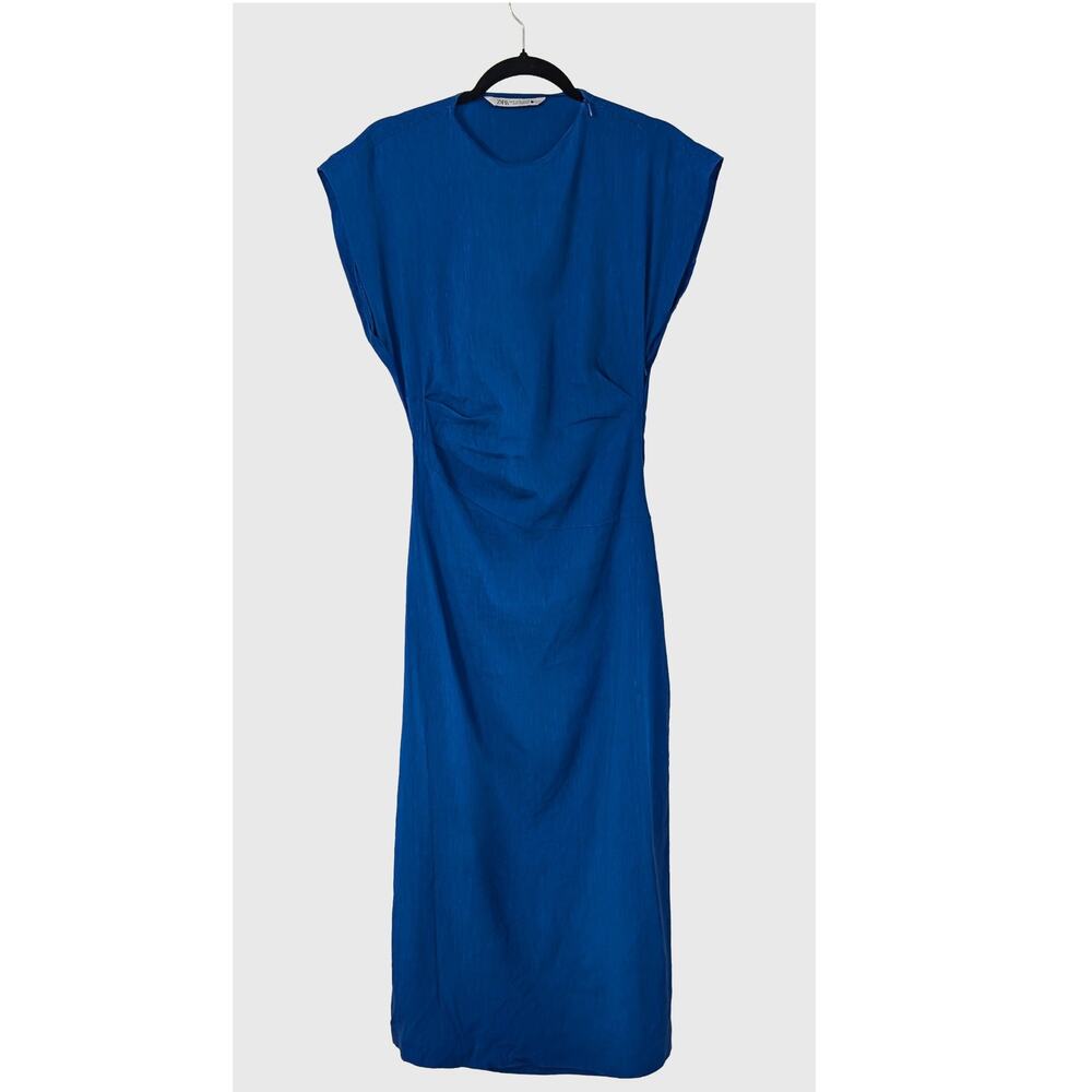 Zara Cobalt Blue Linen Blend Midi Maxi Dress Side Ruched Blogger Fave